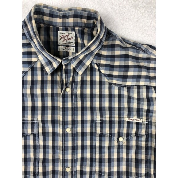 Lucky Brand Plaid Western Shirt Men’s Size XL Pearl Snap Short-Sleeve Rodeo Blue - Picture 6 of 11